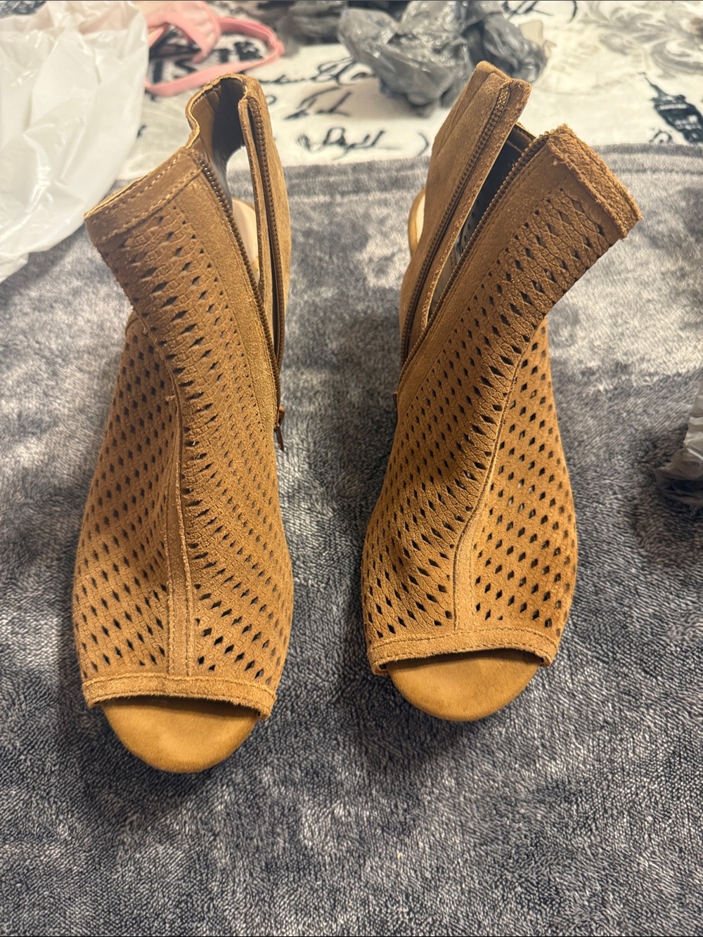 INC International Concepts Perforated Open-Toe Tan Wedge Heels